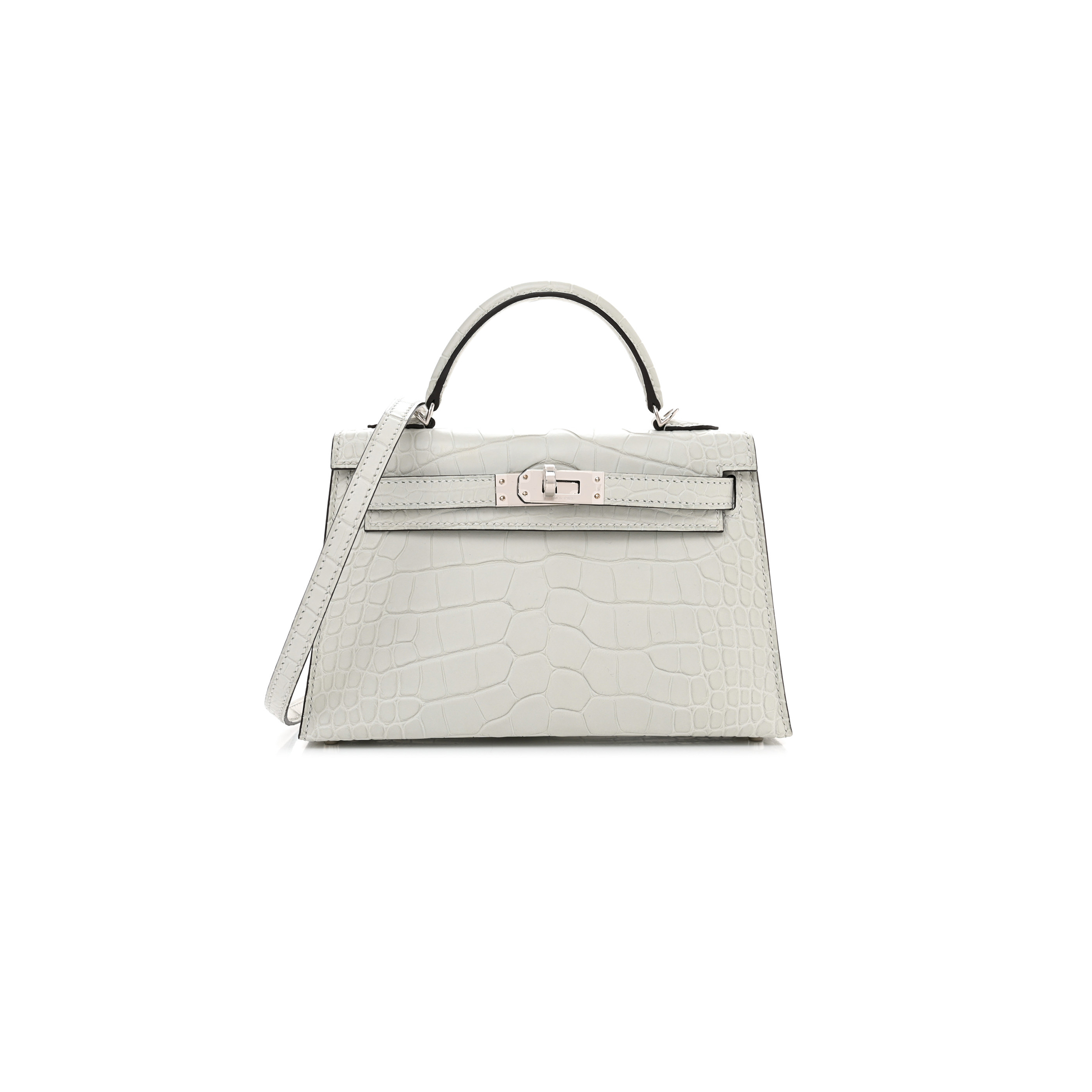 HERMÈS MASTER MATTE ALLIGATOR MINI KELLY II SELLIER GRIS NEVE (19*12*5.5cm)